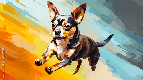 Chihuahua dog running illustration vector in abstract mixed grunge colors digital painting in minimal graphic art style. Very friendly dog. Digital illustration generative AI.