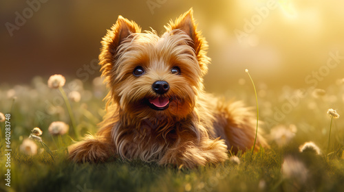Cute little baby yorkshire terrier puppy smiling in the backyard with sunstreaks. 3D render cartoon character. Digital illustration generative AI.