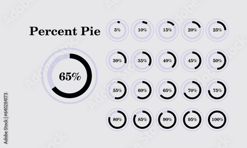 Set of circle percentage diagrams from 0 to 100 for infographics, lignt, 5 10 15 20 25 30 35 40 45 50 55 60 65 70 75 80 85 90 95 percent. Vector illustration.