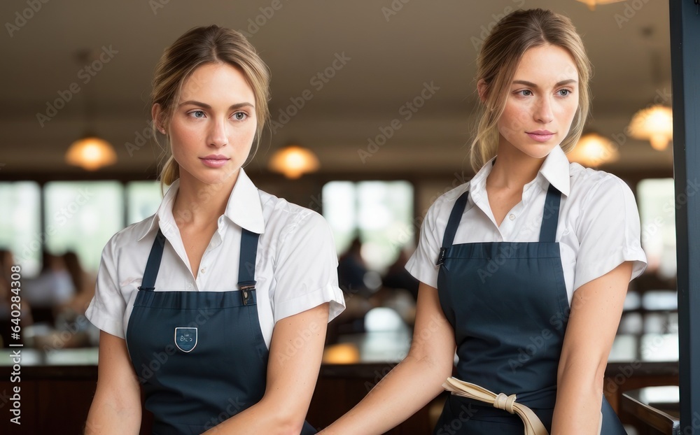 Two young women standing at doorway of store. Cheerful waitress waiting for clients at coffee shop. Successful small business owner looking at camera, weared in white shirt, blue apron Two young women standing at doorway of store. Cheerful waitress waiting for clients at coffee shop. Successful small business owner looking at camera, weared in white shirt, blue apron