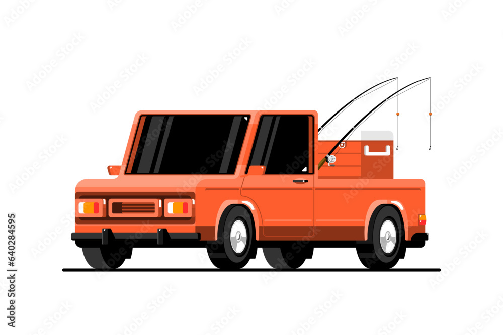 Pickup truck with fishing rod, handheld ice cooler box on isolated background, Vector illustration.