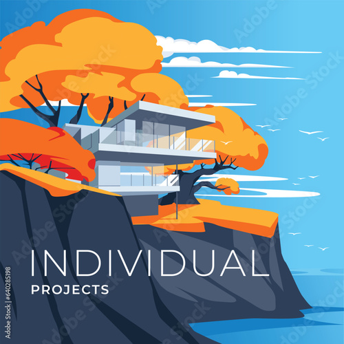 modern cottage architecture in the autumn landscape. Sea rocks. advertising. Ideas for real estate and house projects. Vector illustration