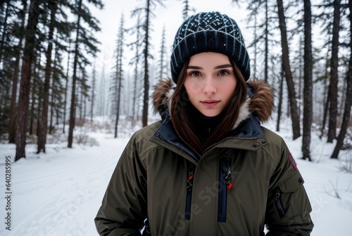 a young woman dressed in rugged outdoor attire, exploration-ready, adventurous spirit, exuding confidence and elegance amidst a natural backdrop. Winter snowy forest. Cold weather