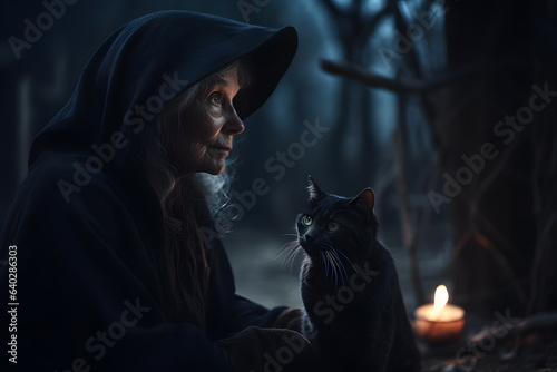An old and ugly witch and her trusty old black cat, wandering outside at night. Halloween theme, cinematic lighting. Generative AI