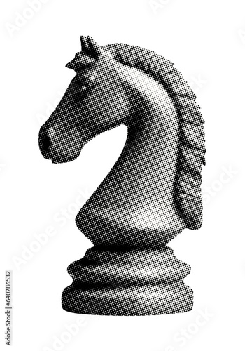 chess knight horse piece isolated retro halftone dotted texture collage element for vintage magazine style trendy grunge design