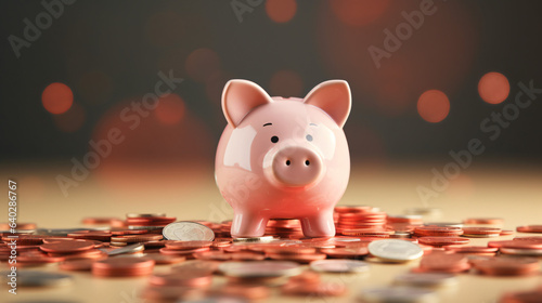 Coins falling to white piggy saving, Financial and money deposit concept photo