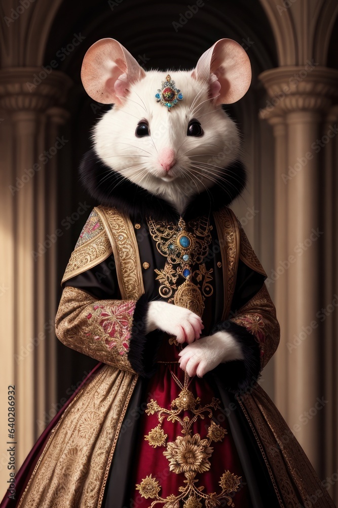 Front view of mouse wearing suit, standing in proud pose. Rat with fluffy paws as groom in intricate richly embroidered palace costume, fancy outfit, fairy tale concept. Elegant anthropomorphic animal