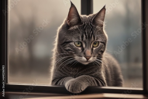 Smart cat sitting on windowsill. Grey kitten near window. Learning funny fur fluffy clever kitty, home study. Cute pretty pet pussycat with big ears. © useful pictures