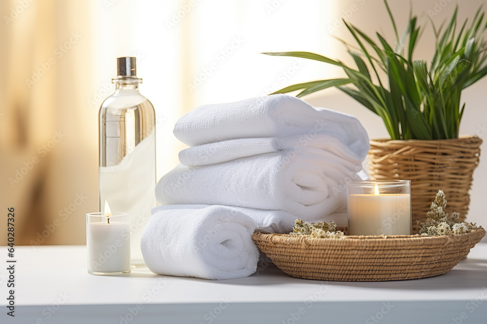 Tranquil Spa Ambiance Towels, Herbal Bags, and Beauty Treatments in a Serene White Room. created with Generative AI