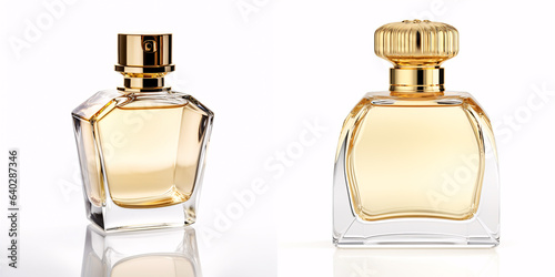 A men's Eau De Parfum, elegantly presented in a glistening gold glass bottle, stands alone on a pristine white background.