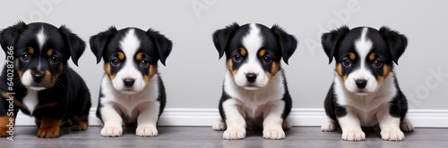 Puppies posing intdoor. Cute dog breeds sitting in line. Grey light wall on background. Small breeds. Banner © useful pictures