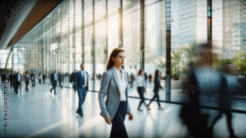 Corporate Ambiance Blurred Business People in a White Glass Office Background. created with Generative AI