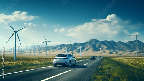 Car drives along a mountain road against the backdrop of wind turbines. Alternative energy for the car. An electric car against the backdrop of wind turbine farms