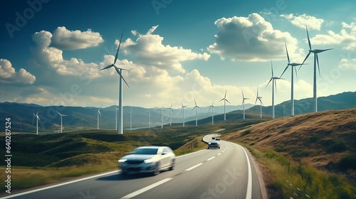 Car drives along a mountain road against the backdrop of wind turbines. Alternative energy for the car. An electric car against the backdrop of wind turbine farms photo