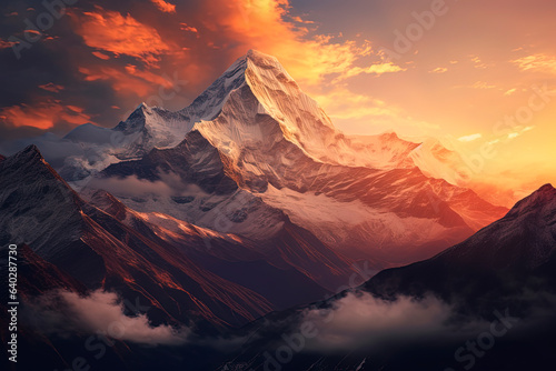 Mountain peaks in sunset clouds. Generative AI