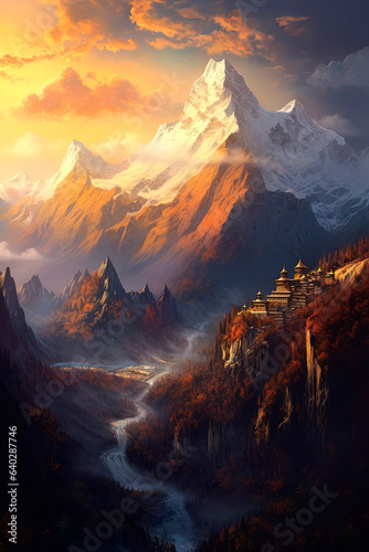 Mountain peaks in sunset clouds. Generative AI © Oleksandr