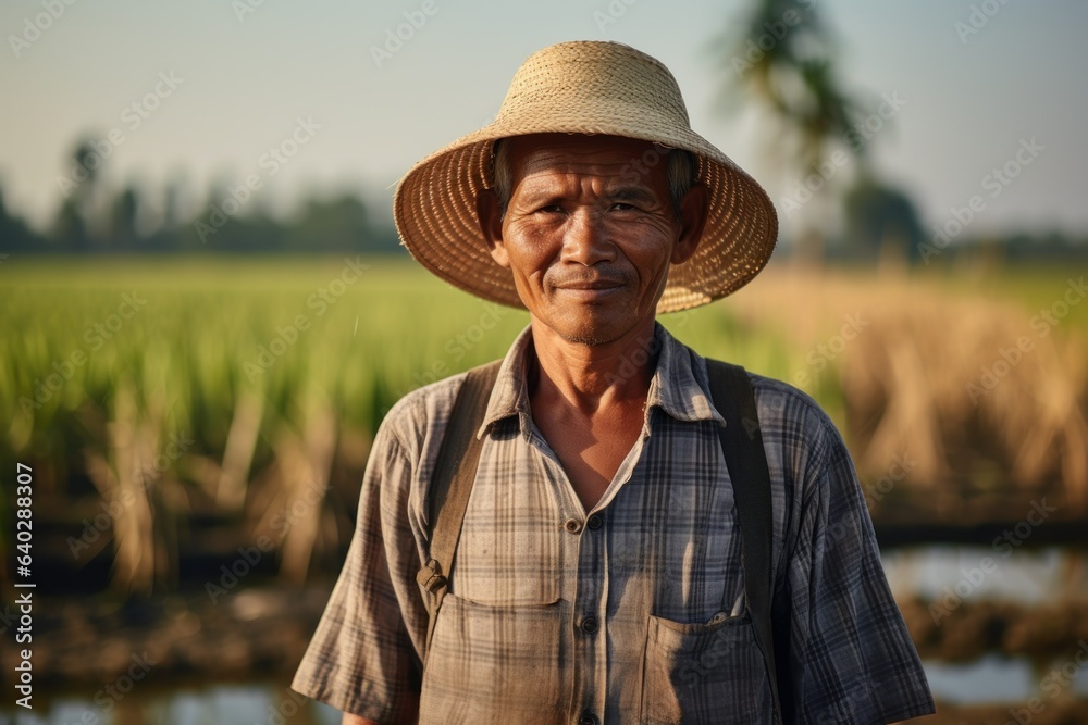 Fototapeta premium Portrait of a Fictional Traditional Asian Rice Farmer Working in his Farm and Smiling. Generative AI.