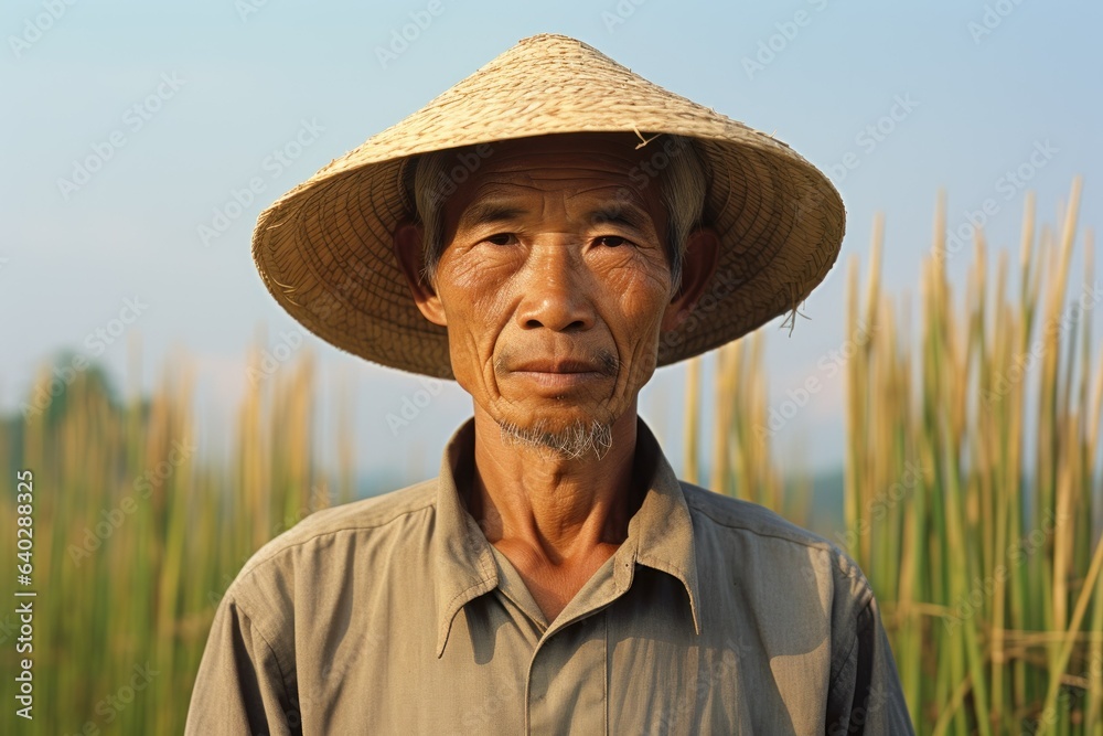 Portrait of a Fictional Traditional Asian Rice Farmer Working in his Farm and Smiling. Generative AI.