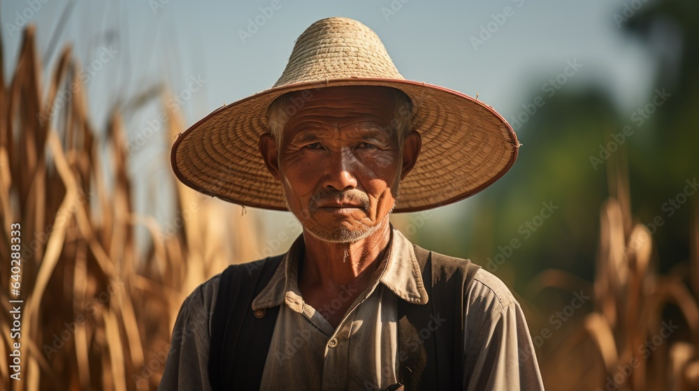 Fototapeta premium Portrait of a Fictional Traditional Asian Rice Farmer Working in his Farm and Smiling. Generative AI.