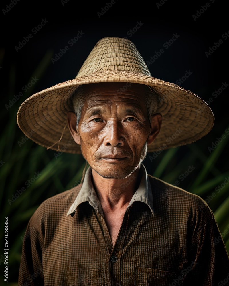 Portrait of a Fictional Traditional Asian Rice Farmer Working in his Farm and Smiling. Generative AI.