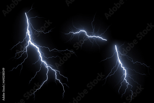 Set of thunderstorm lightnings on black background.