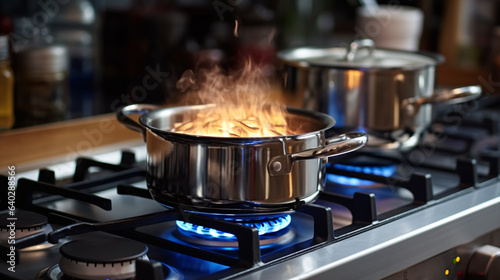 A saucepan rests on a stovetop, flames dancing beneath it, reminiscent of a chip pan fire.. photo