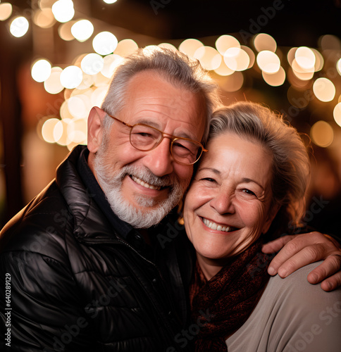 Young heterosexual senior couple smiling and embracing looking at camera in a city at night photo