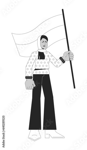 Muslim woman holding flag flat line black white vector character. Demonstration. Editable outline full body person. Protest simple cartoon isolated spot illustration for web graphic design
