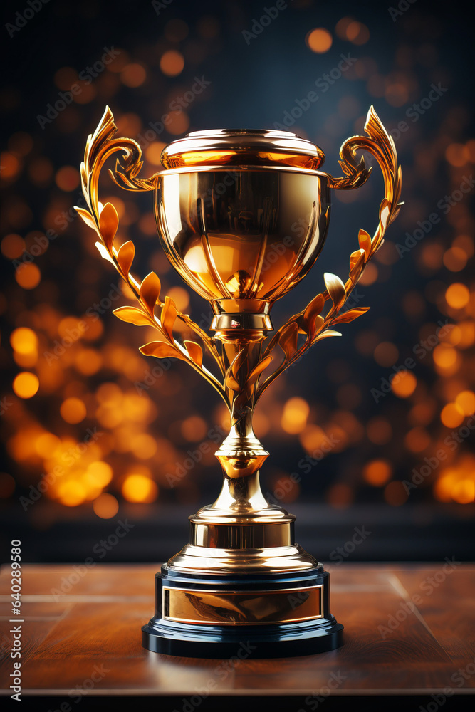 Champion golden trophy isolated on black background.