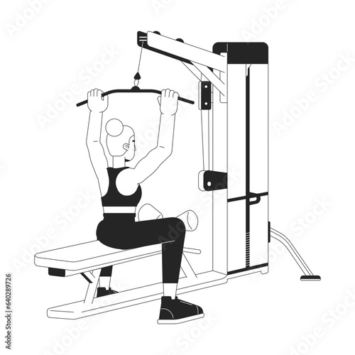 Woman grasping bar on lat pulldown machine flat line black white vector character. Editable outline full body person. Increasing back muscles simple cartoon isolated spot illustration for web design