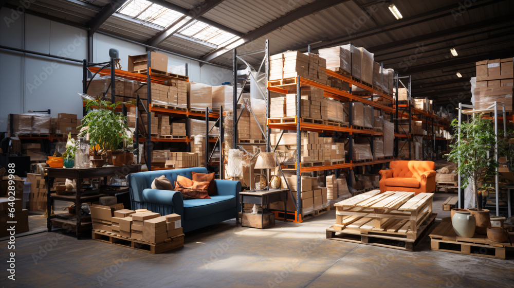 Inside the warehouse: shelves, pallets, and boxes in perfect harmony.. Inside the warehouse: shelves, pallets, and boxes in perfect harmony..