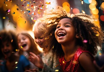 Kids blowing confetti from hands. Friends celebrating outdoors in evening at a terrace.