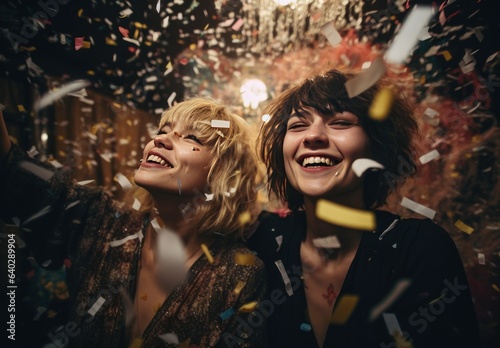 Young women blowing confetti from hands. Friends celebrating outdoors in evening at a terrace.