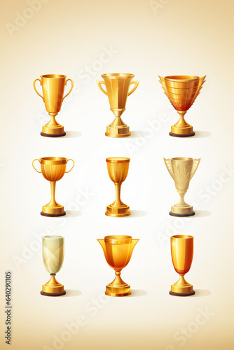 golden trophy cups and awards of different shape isolated background vector illustration