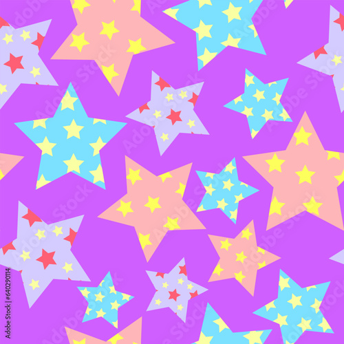 Stars with star patterns and purple background seamless vector repeat pattern.