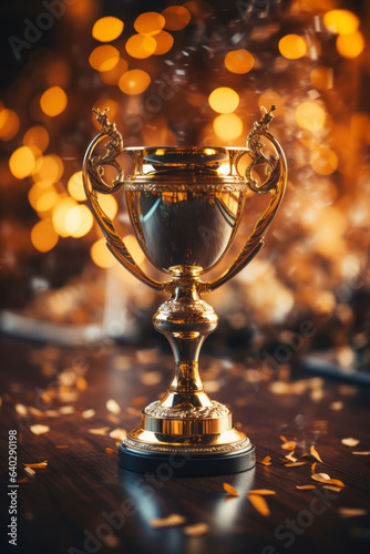 Champion golden trophy isolated on black background.
