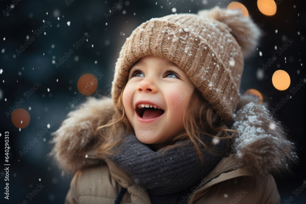 Cute child with happy face wearing a warm hat and warm jacket surrounded with snowflakes. Winter holidays concept. Cute child with happy face wearing a warm hat and warm jacket surrounded with snowflakes. Winter holidays concept.