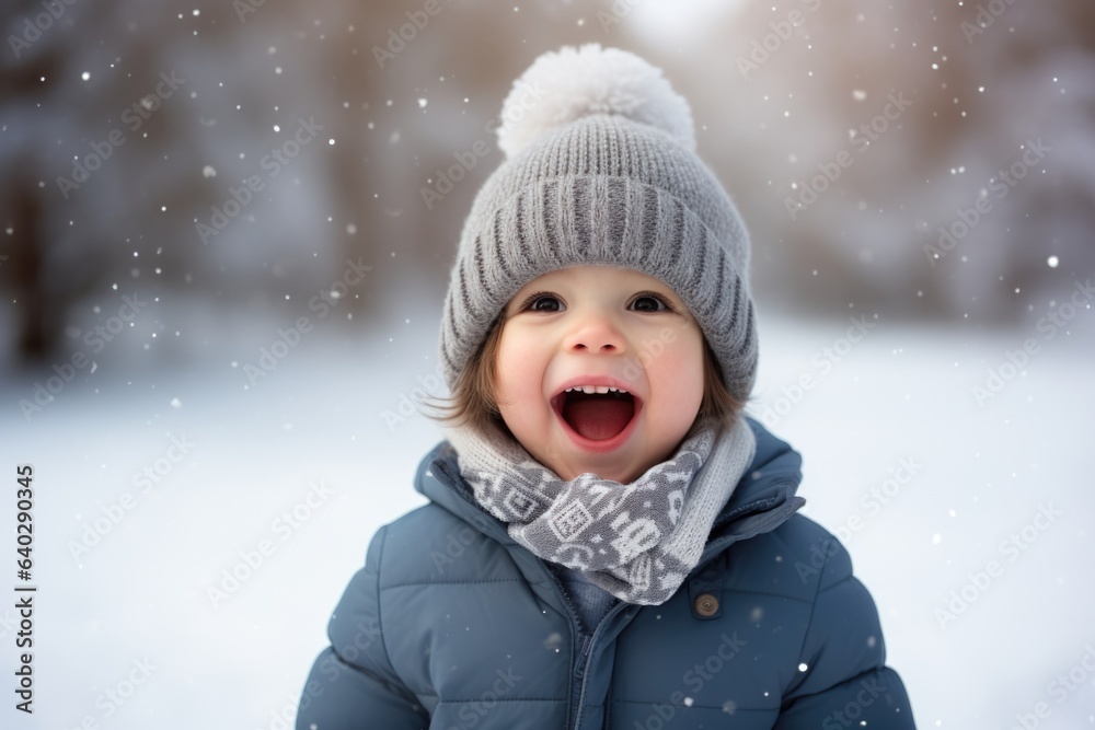 Cute child with happy face wearing a warm hat and warm jacket surrounded with snowflakes. Winter holidays concept. Cute child with happy face wearing a warm hat and warm jacket surrounded with snowflakes. Winter holidays concept.
