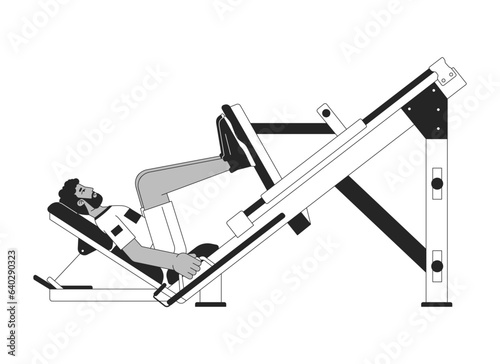 Man placing feet on leg press machine flat line black white vector character. Editable outline full body person. Training gluteus exercise simple cartoon isolated spot illustration for web design