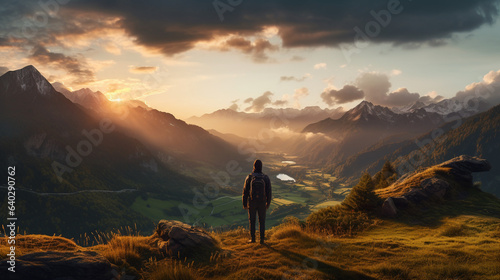 Beautiful mountain valley view during golden hour © Rendiero