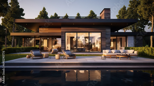 Serene Escape Modern Dark Villa with Open Plan Living, Private Chair Wing, and Relaxing Terrace for Tranquil Relaxation. created with Generative AI © photobuay