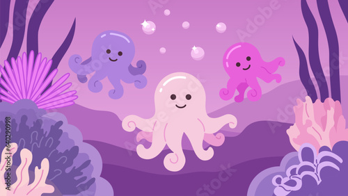 Octopuses underwater bubbles cute chill lo fi wallpaper. Marine life deep sea. Chibi creatures 2D vector cartoon characters illustration, lofi anime background. 90s kawaii aesthetic, dreamy vibes