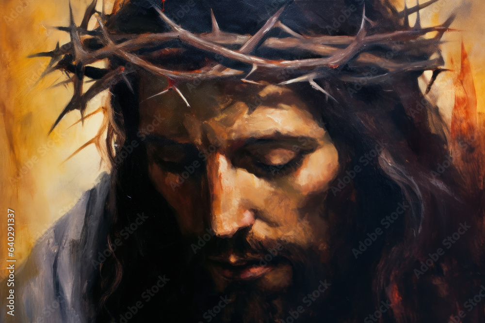 Jesus Christ Suffering Crowned in Thorns, Christ in Sorrow, Oil Painting Jesus Christ Suffering Crowned in Thorns, Christ in Sorrow, Oil Painting