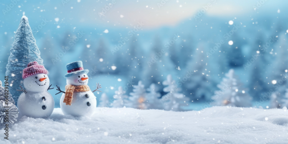 Fototapeta premium Happy snowman standing in christmas landscape.Snow background.Winter fairytale.