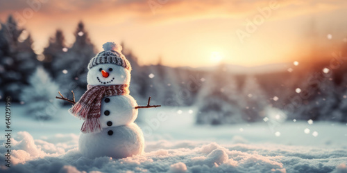 Happy snowman standing in christmas landscape.Snow background.Winter fairytale. photo