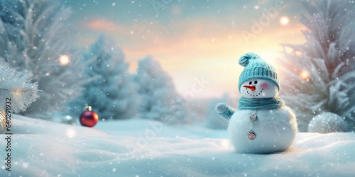 Happy snowman standing in christmas landscape.Snow background.Winter fairytale. © JKLoma
