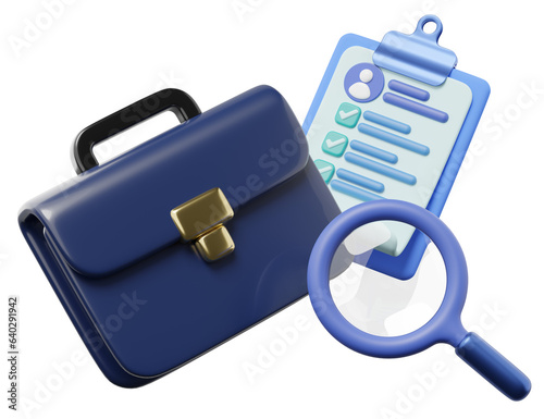 3d job search illustration. Interview approved document on clipboard, checklist, employee briefcase, magnifier glass isolated on transparent. job recruitment banner concept. 3d render cartoon icon.