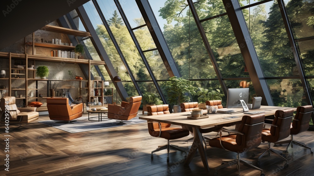 Modern office space with comfortable wooden chairs Modern office space with comfortable wooden chairs