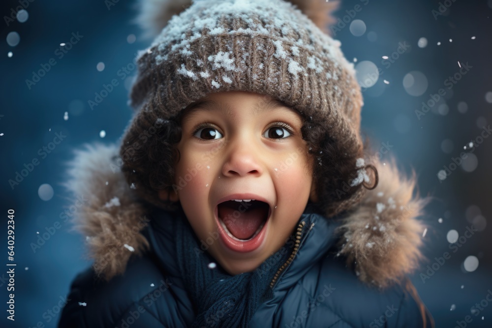 Cute child with happy face wearing a warm hat and warm jacket surrounded with snowflakes. Winter holidays concept. Cute child with happy face wearing a warm hat and warm jacket surrounded with snowflakes. Winter holidays concept.