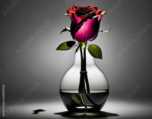 Minimalist modern image of a single rose in a sleek vase with dramatic lighting.